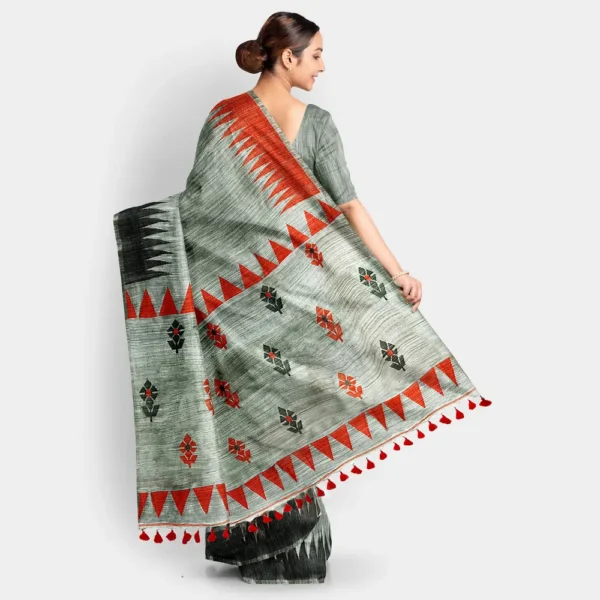 Grey With Red And Black Temple Border Matka Jamdani Saree - Image 4