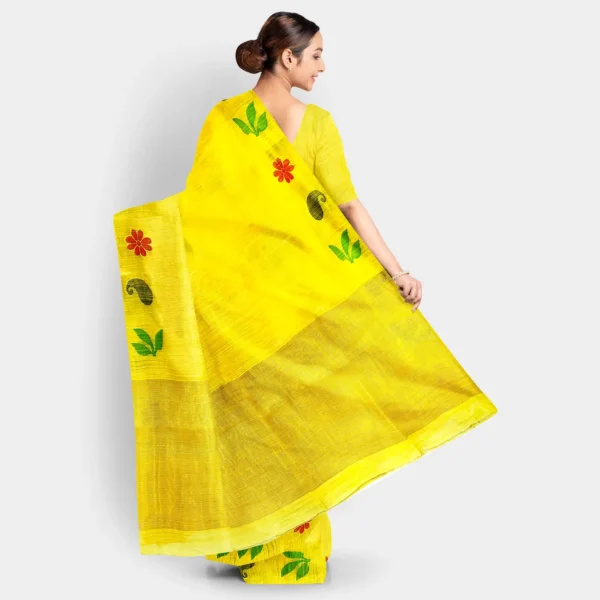 Yellow With Resham Stripe Pallu Matka Jamdani Saree - Image 4