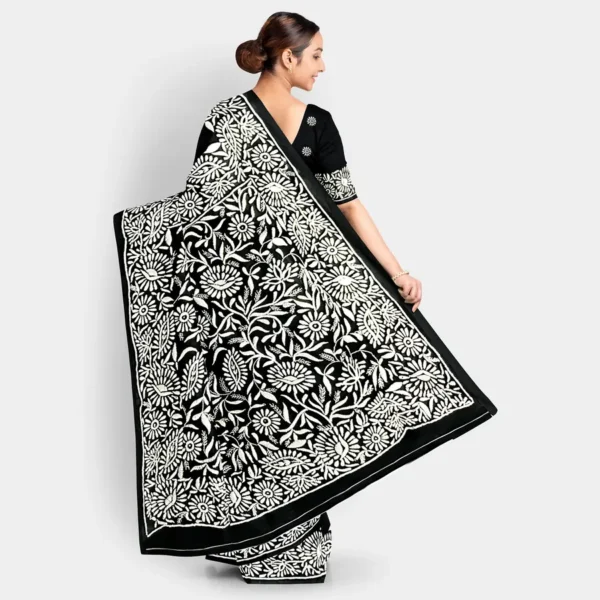 Black Body With White Floral Silk Kantha Work Saree - Image 4