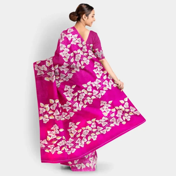 Deep Pink Leaf Motif Silk Kantha Work Saree - Image 4