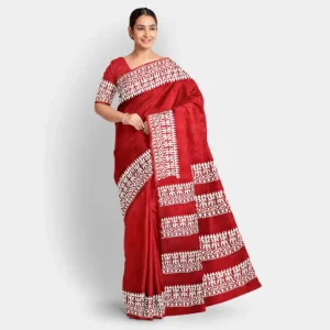 Brick Colour With White Silk Kantha Work Saree