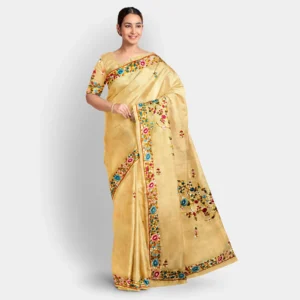 Light Brown Silk Floral Parshi Work Saree