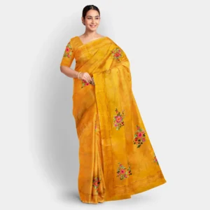 Golden Yellow Floral Silk Parshi Work Saree