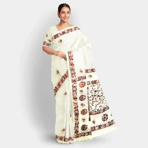 White With Floral Parshi Work Silk Saree