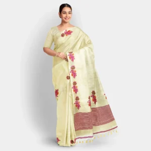 Cream Jamdani Work Matka Silk Saree