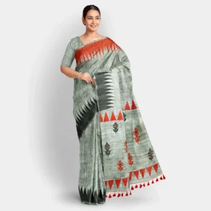 Grey With Red And Black Temple Border Matka Jamdani Saree