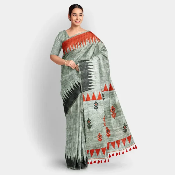 Grey With Red And Black Temple Border Matka Jamdani Saree