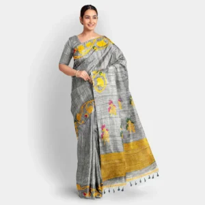 Grey With Yellow Floral Work Matka Jamdani Saree
