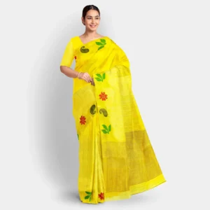 Yellow With Resham Stripe Pallu Matka Jamdani Saree