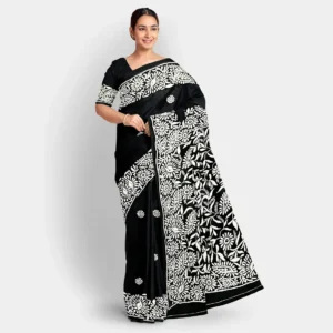 Black Body With White Floral Silk Kantha Work Saree