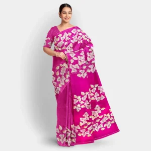 Deep Pink Leaf Motif Silk Kantha Work Saree