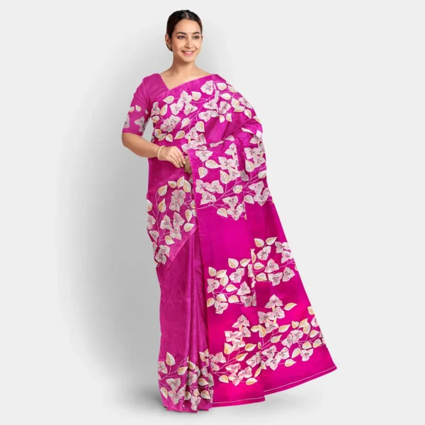 Deep Pink Leaf Motif Silk Kantha Work Saree