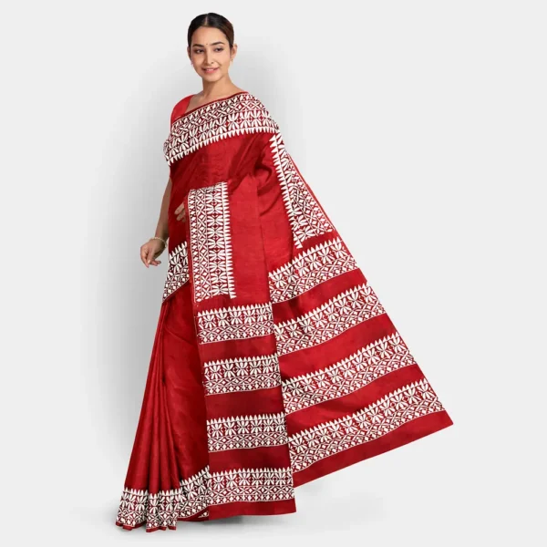 Brick Colour With White Silk Kantha Work Saree - Image 3