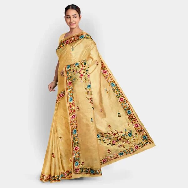 Light Brown Silk Floral Parshi Work Saree - Image 3