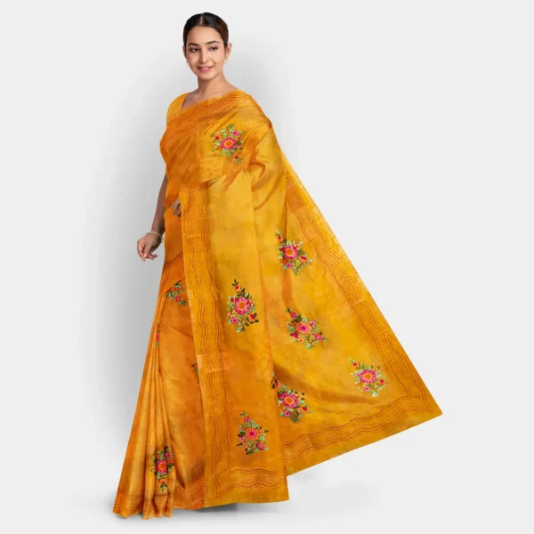 Golden Yellow Floral Silk Parshi Work Saree - Image 3