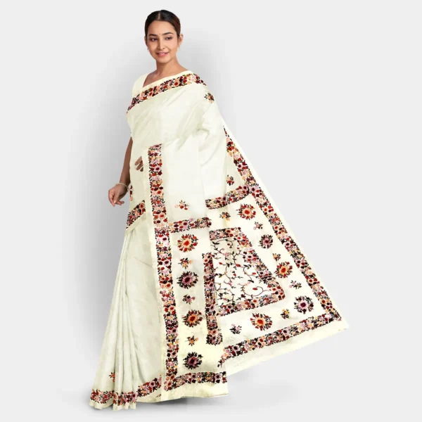 White With Floral Parshi Work Silk Saree - Image 3