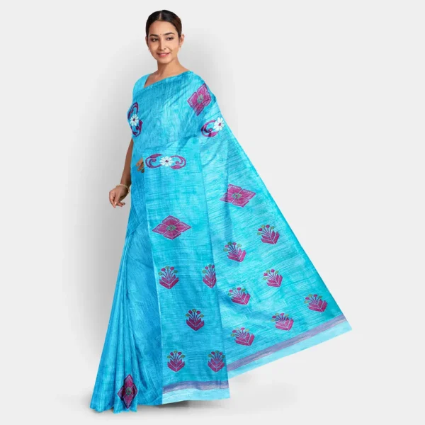 Sky Blue Silk Matka Jamdani Saree - Image 3