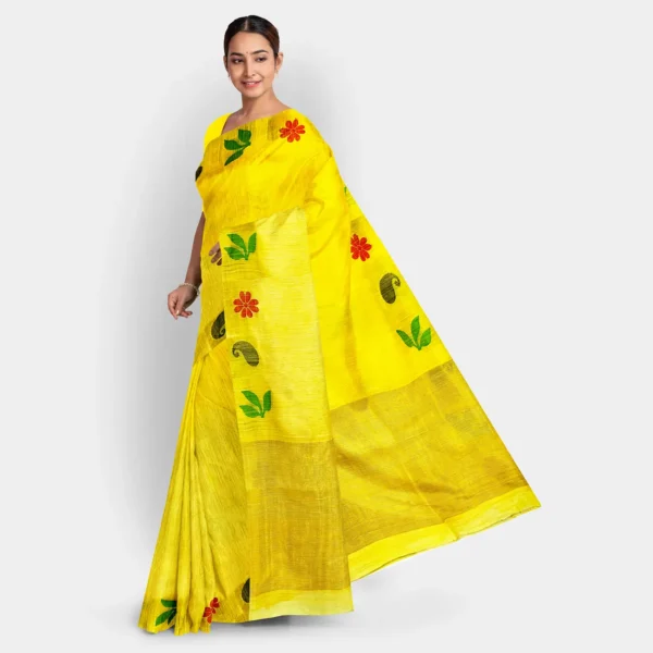 Yellow With Resham Stripe Pallu Matka Jamdani Saree - Image 3