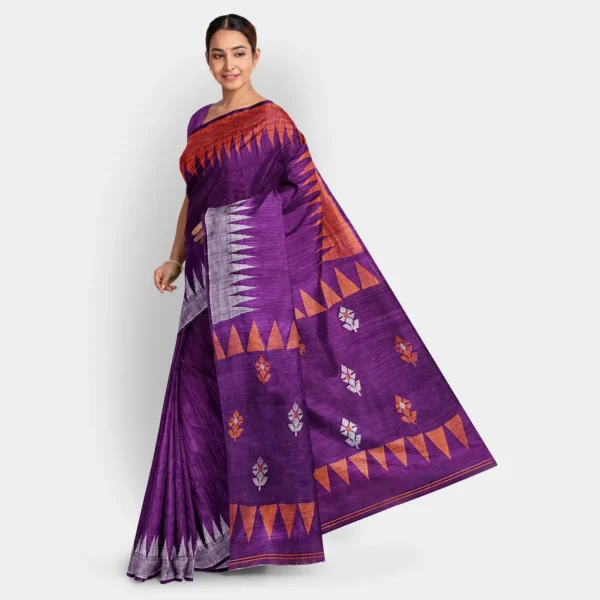 Purple Temple Border Matka Jamdani Saree - Image 3