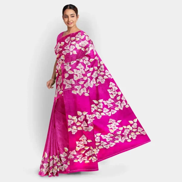 Deep Pink Leaf Motif Silk Kantha Work Saree - Image 3