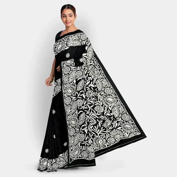 Black Body With White Floral Silk Kantha Work Saree - Image 2