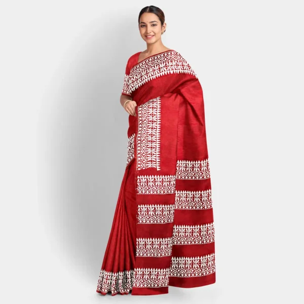 Brick Colour With White Silk Kantha Work Saree - Image 2
