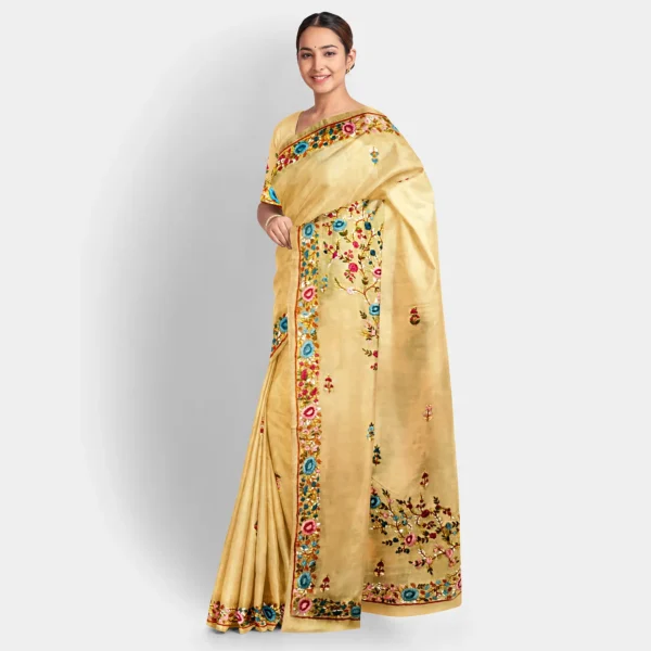 Light Brown Silk Floral Parshi Work Saree - Image 2