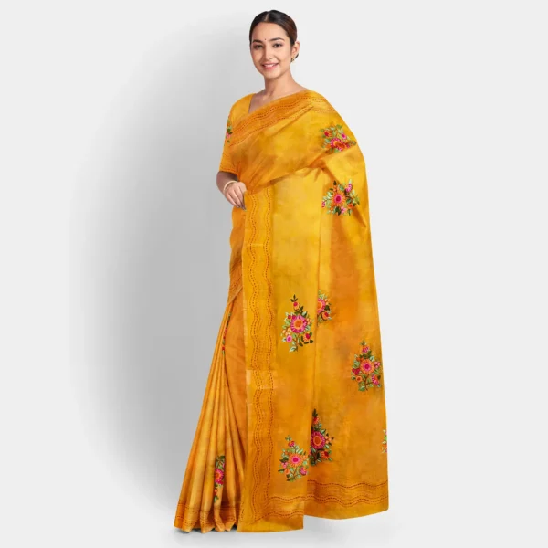 Golden Yellow Floral Silk Parshi Work Saree - Image 2