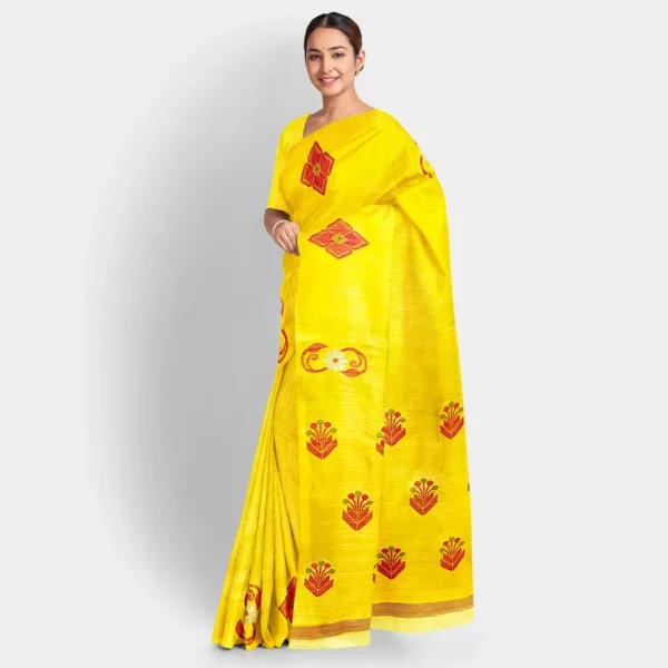 Yellow Silk Matka Jamdani Saree - Image 2