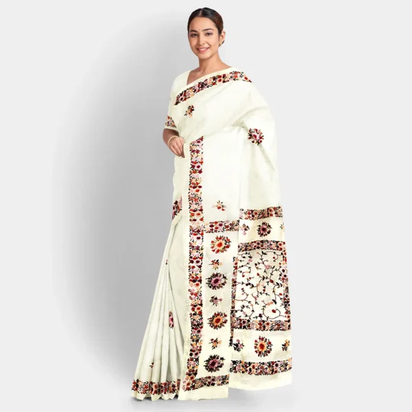 White With Floral Parshi Work Silk Saree - Image 2