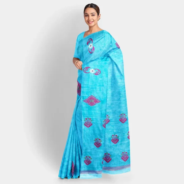 Sky Blue Silk Matka Jamdani Saree - Image 2