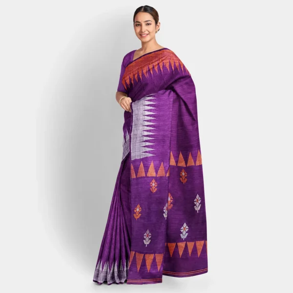 Purple Temple Border Matka Jamdani Saree - Image 2
