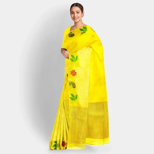 Yellow With Resham Stripe Pallu Matka Jamdani Saree - Image 2