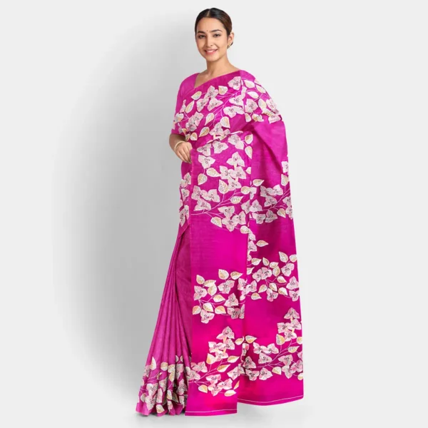 Deep Pink Leaf Motif Silk Kantha Work Saree - Image 2