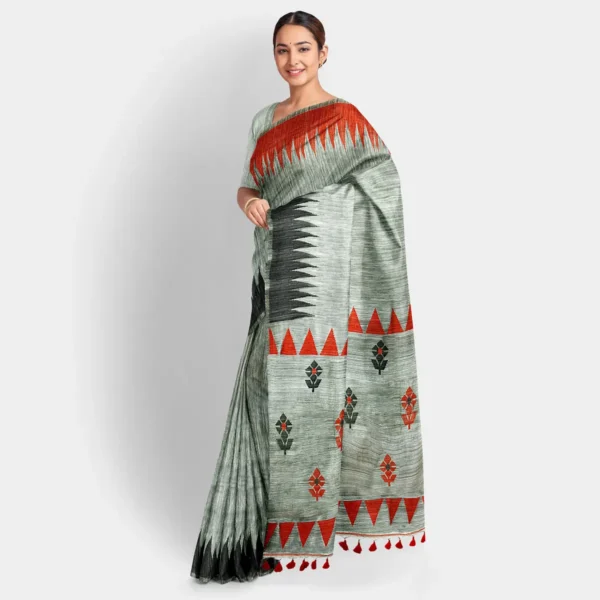 Grey With Red And Black Temple Border Matka Jamdani Saree - Image 2