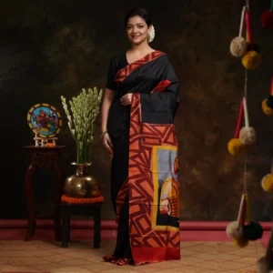 Solid Black With Figure Motif Hand Printed Silk Saree