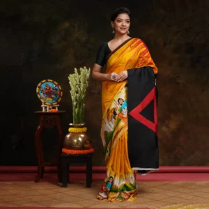 Golden Yellow Body With Figure Motif Hand Printed Silk Saree