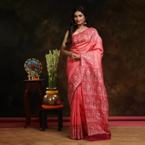 Pink Body With Block Printed Figure Motif Art Work Silk Saree