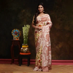 Cream Base With Floral Hand Printed Silk Saree