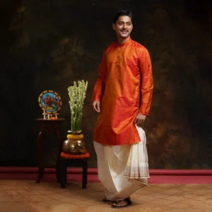 Vibrant Orange Silk Full Sleeve Kurta