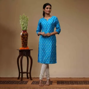 Sky Blue With White Floral Motif Printed Silk Women's Kurta