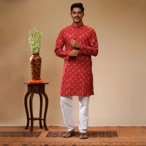Red With White Floral Block Printed Cotton Men's Kurta