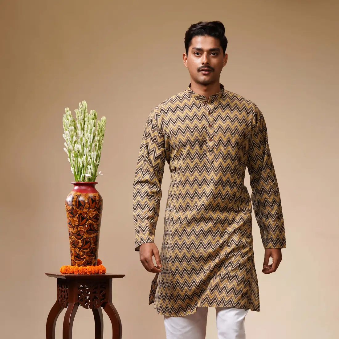 Yellow, Black & Brown Geometrical Printed Khadi Cotton Kurta - Image 3