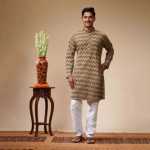 Yellow, Black & Brown Geometrical Printed Khadi Cotton Kurta