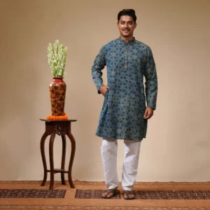 Blue With Yellow & Black Floral Ajrakh Print Men's Kurta