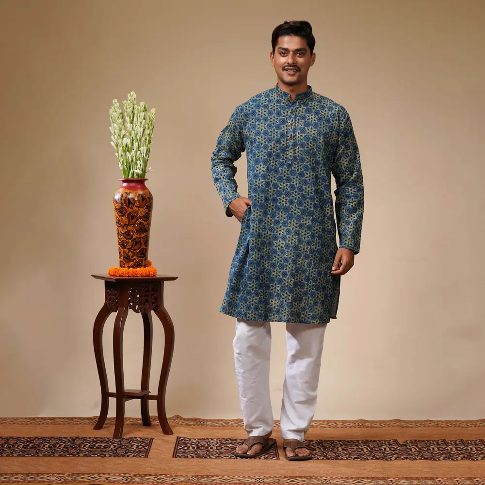 Blue With Yellow & Black Floral Ajrakh Print Men's Kurta