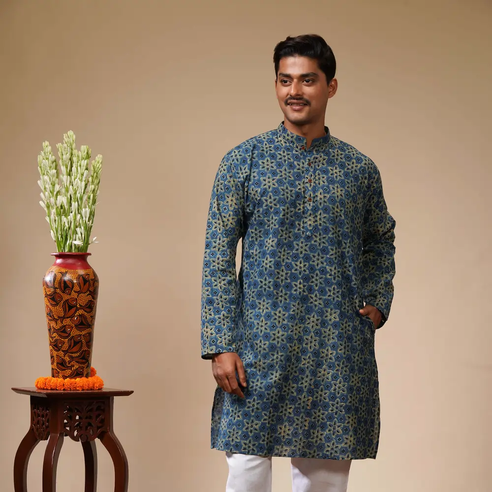 Blue With Yellow & Black Floral Ajrakh Print Men's Kurta - Image 3