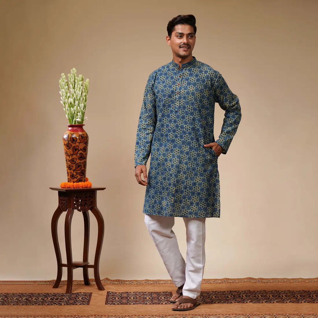 Blue With Yellow & Black Floral Ajrakh Print Men's Kurta - Image 2