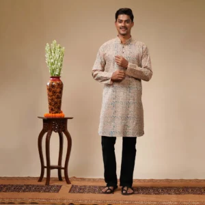 Light Brown With Blue Floral Block Printed Cotton Men's Kurta