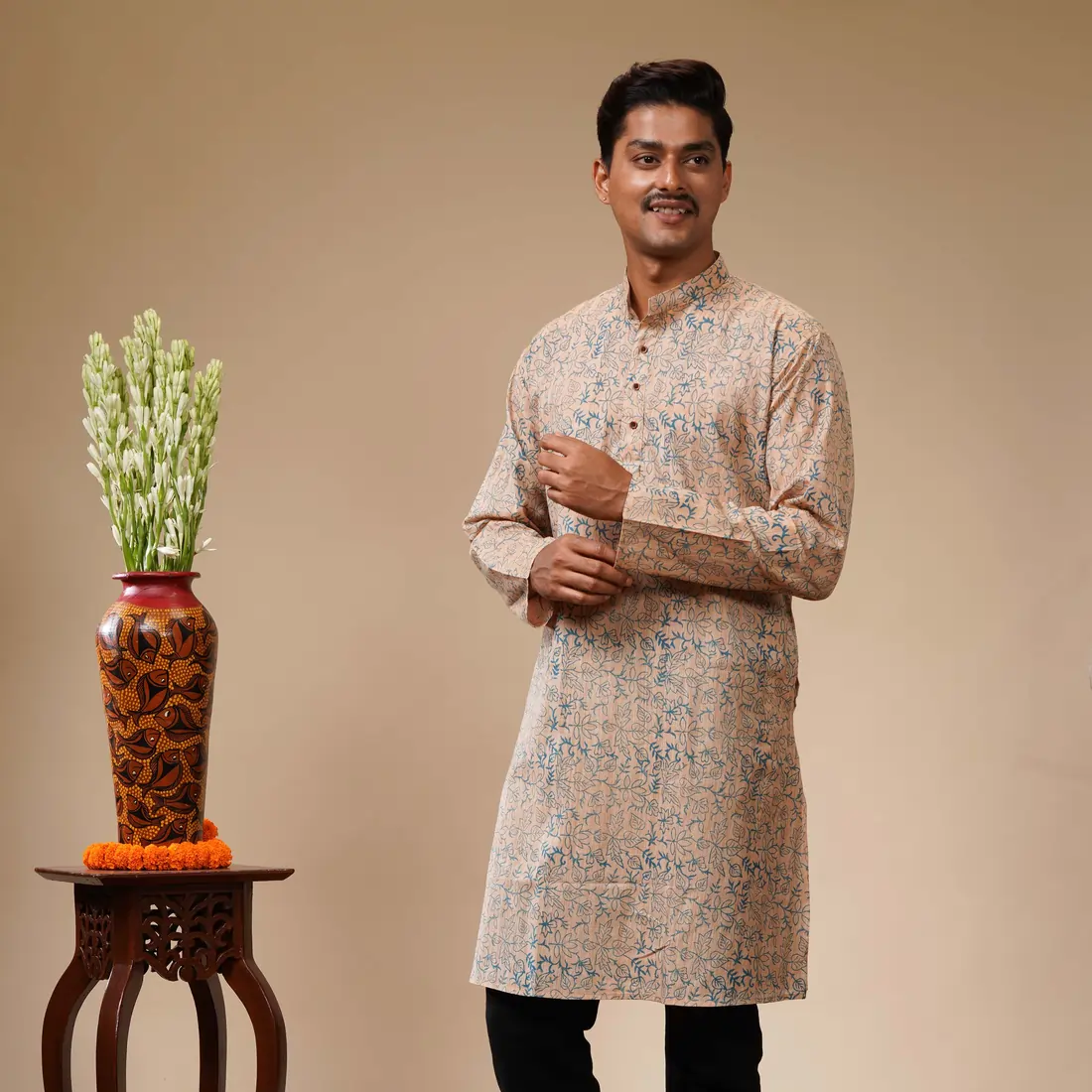 Light Brown With Blue Floral Block Printed Cotton Men's Kurta - Image 3
